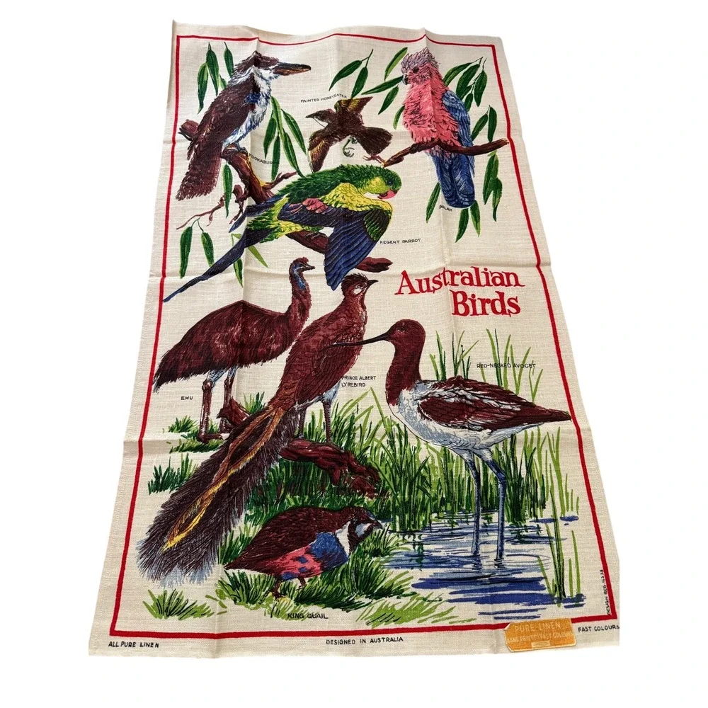 Vintage Australian Birds Linen Tea Towel Cream Hand Printed NOS  Cottagecore